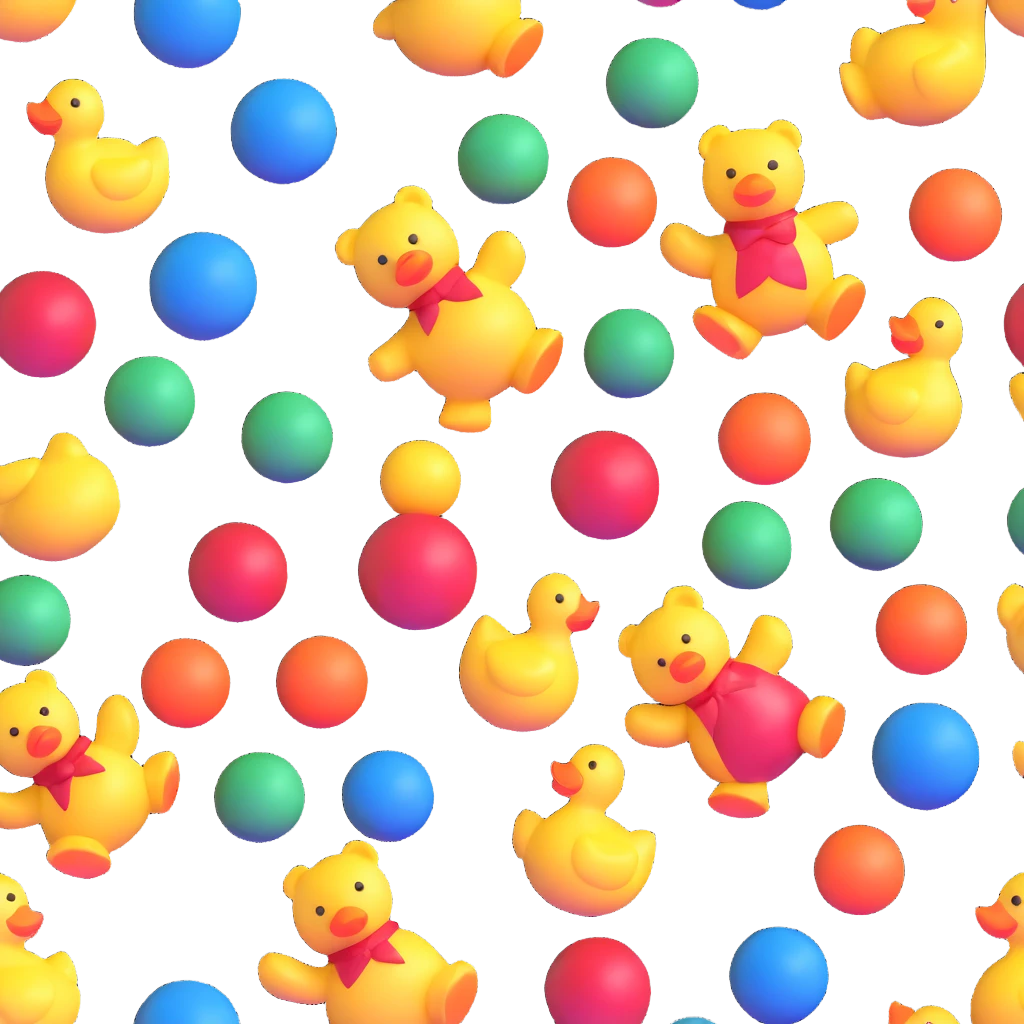 colorful scattered toys - teddy bear, rubber duck, blocks, ball, superhero figures emoji