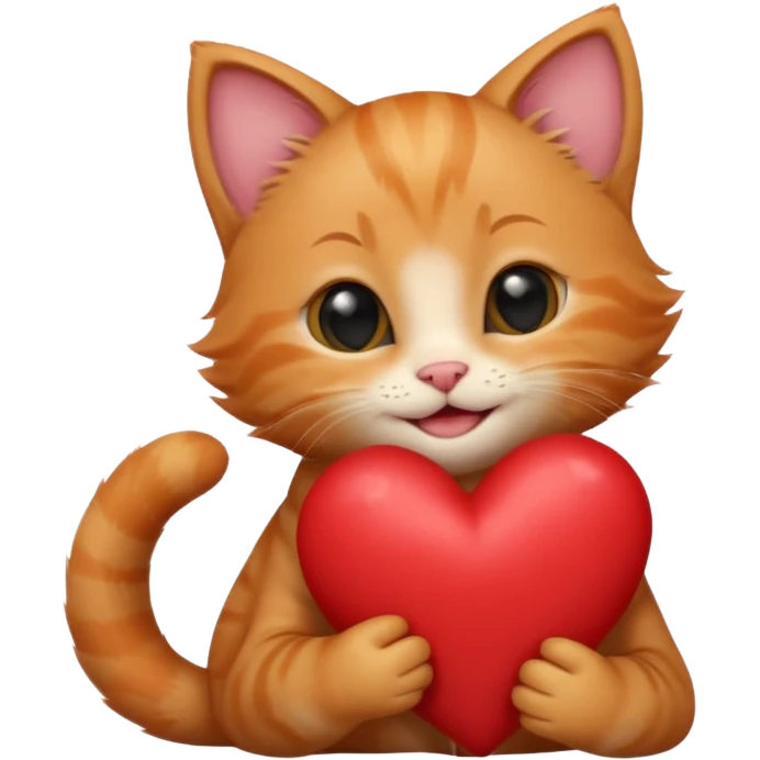 The ginger kitten is hugging a heart, very happy and smiling, he has a very beautiful face. emoji