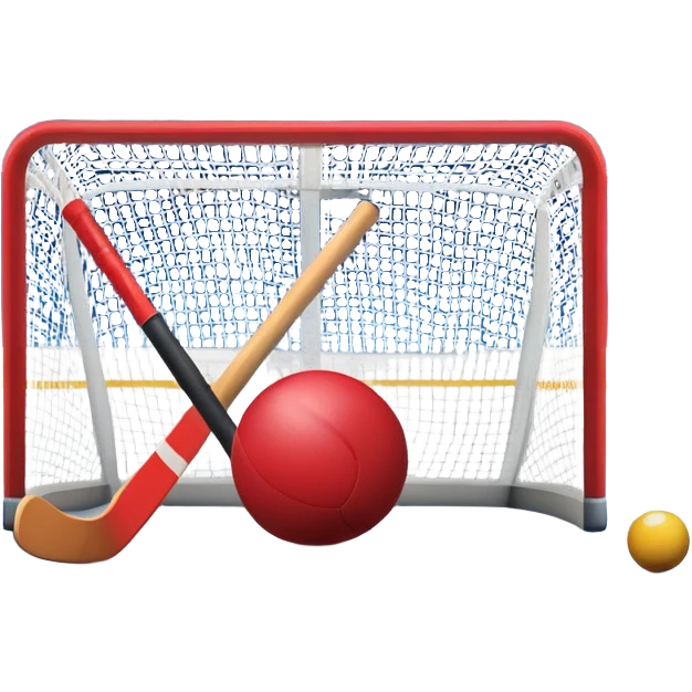 A red ball and hockey stick resting on an ice rink, with the goalposts and clear markings in the background. The scene captures the unique nature of field hockey with a ball on ice, emphasizing the speed and precision of the sport in a cold, competitive atmosphere. emoji