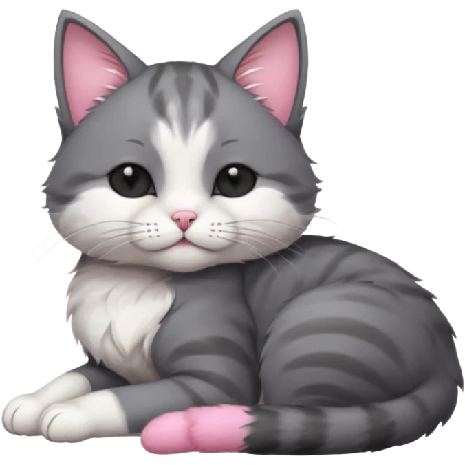 dark grey and white small cat with his eyes closed, leaning his head on his paw while leaning on his elbow lying down emoji