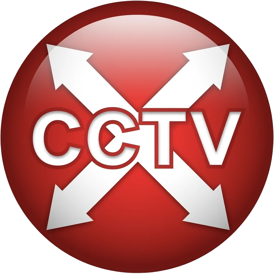 Red filled circle with white X and arrow end points on the X. CCTV word in the centre emoji