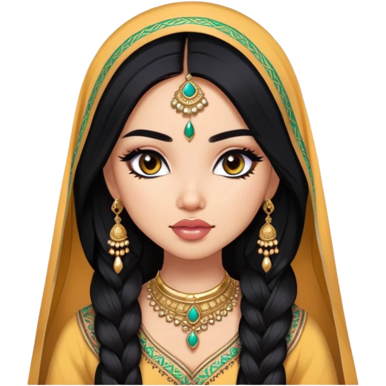 North indian, asian features, pretty lips, indian clothes, dupatta, light skin, long black hair, pretty bratz baddie, black eyeliner emoji