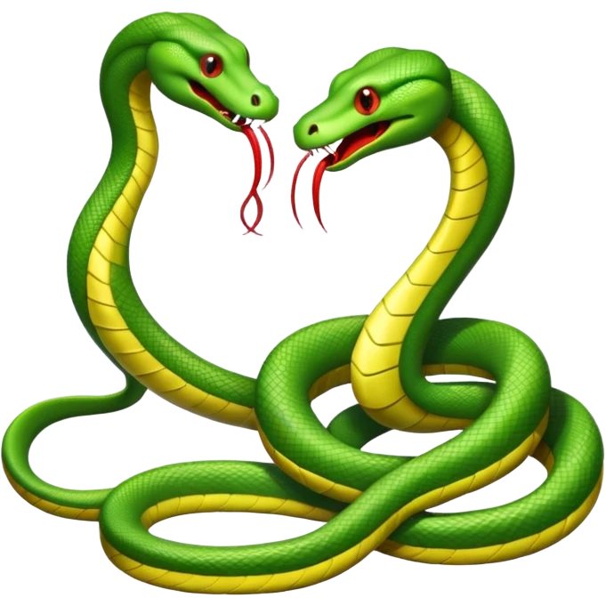Two green snakes tangled at their tails, facing each other, hissing  emoji