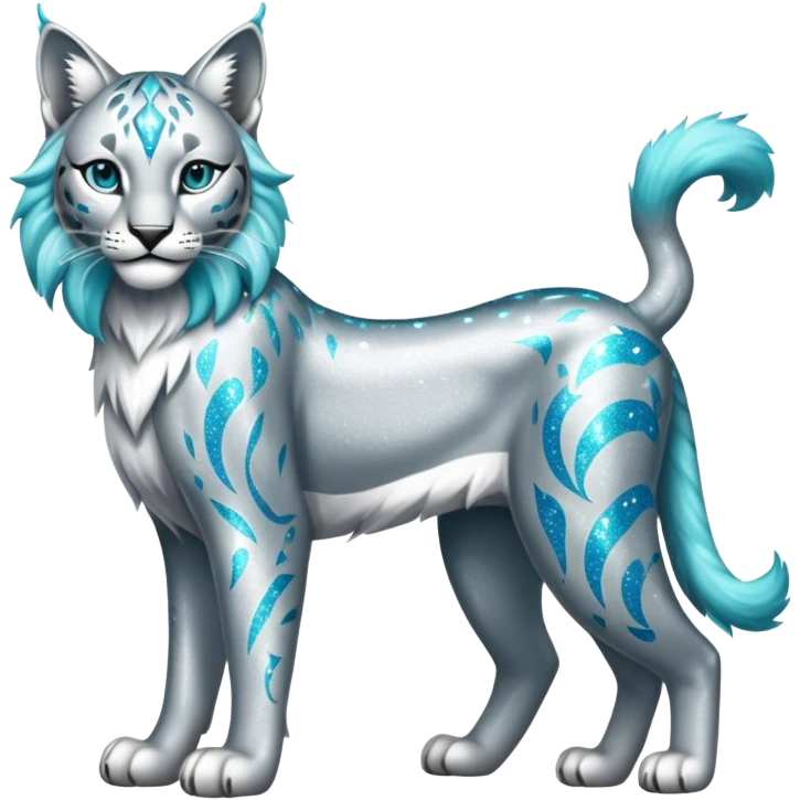 Sparkly shiny Silver and cyan Fairy-type Bobcat-Lynx-Lion-Fakémon full body emoji