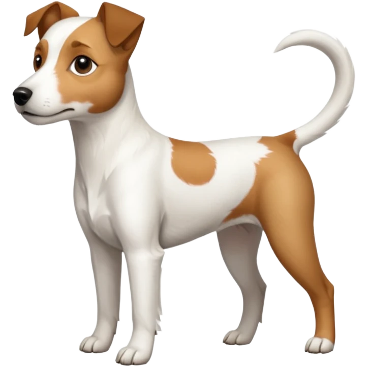 a full body white parson russell looking dog the size of a kelpie with light brown ears and a light brown patch on one eye and a large snout emoji