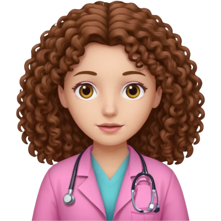 médica, cabelo castanho, pele branca, cabelo cacheado, cabelo comprido, roupa rosa emoji