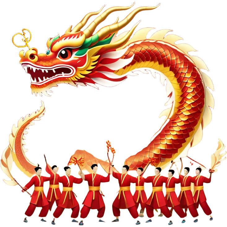 Cinematic Realistic scene of a Chinese Dragon Dance featuring performers energetically holding a vibrant dragon model aloft, with intricately detailed scales and dynamic flowing costumes, illuminated by festive red and gold lighting that captures the spirit of celebration. emoji