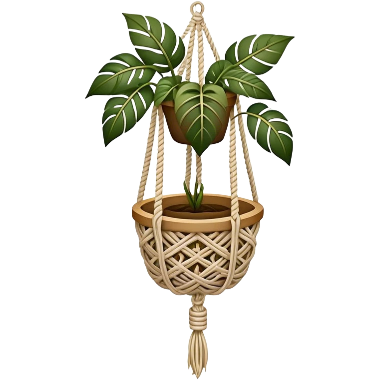 Macramé icon, intricate knot patterns, hanging plant holder, natural cords, woven texture, minimalistic style, clean lines, transparent background. emoji