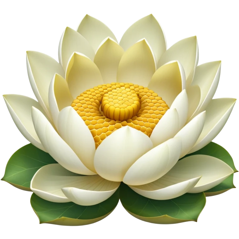 White lotus flower with botanically accurate yellow seedpod center showing honeycomb-like pattern of seed chambers, surrounded by white petals and accurate notched lotus leaf emoji