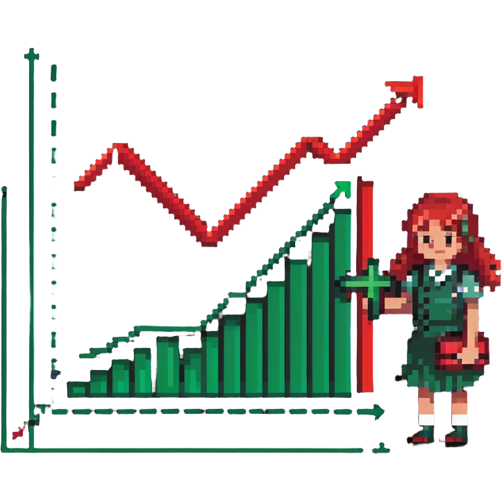 Girl holding chart with rising green graph line in right hand and holding another chart with falling red graph line in left hand emoji