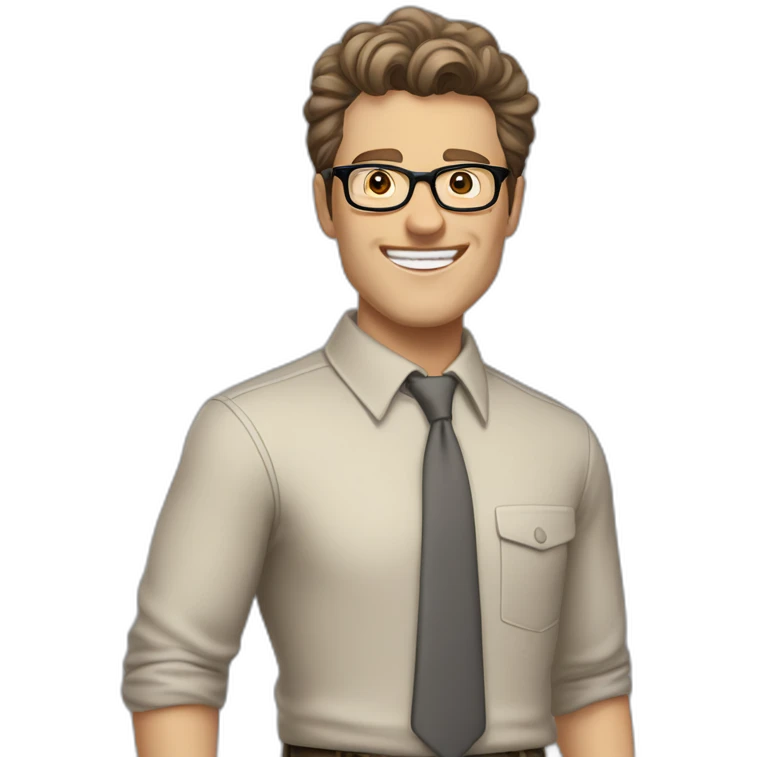 Joyful Pale skinned Fit Man With dark brown hair in gray jacket, beige office shirt, Brown pants and vintage glasses. His thrumbs up emoji