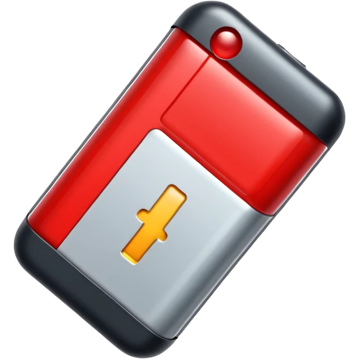 iPhone-style emoji of a battery that is almost empty, with a small red bar at the end indicating low energy. Clean, minimal, glossy look, transparent background. emoji