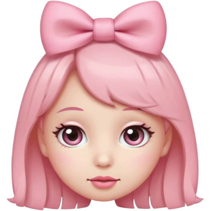 Cute coquette emoji, round face, big sparkling eyes, soft blush on cheeks, small pink bow on top of the head, pastel colors, simple vector style, transparent background


 emoji
