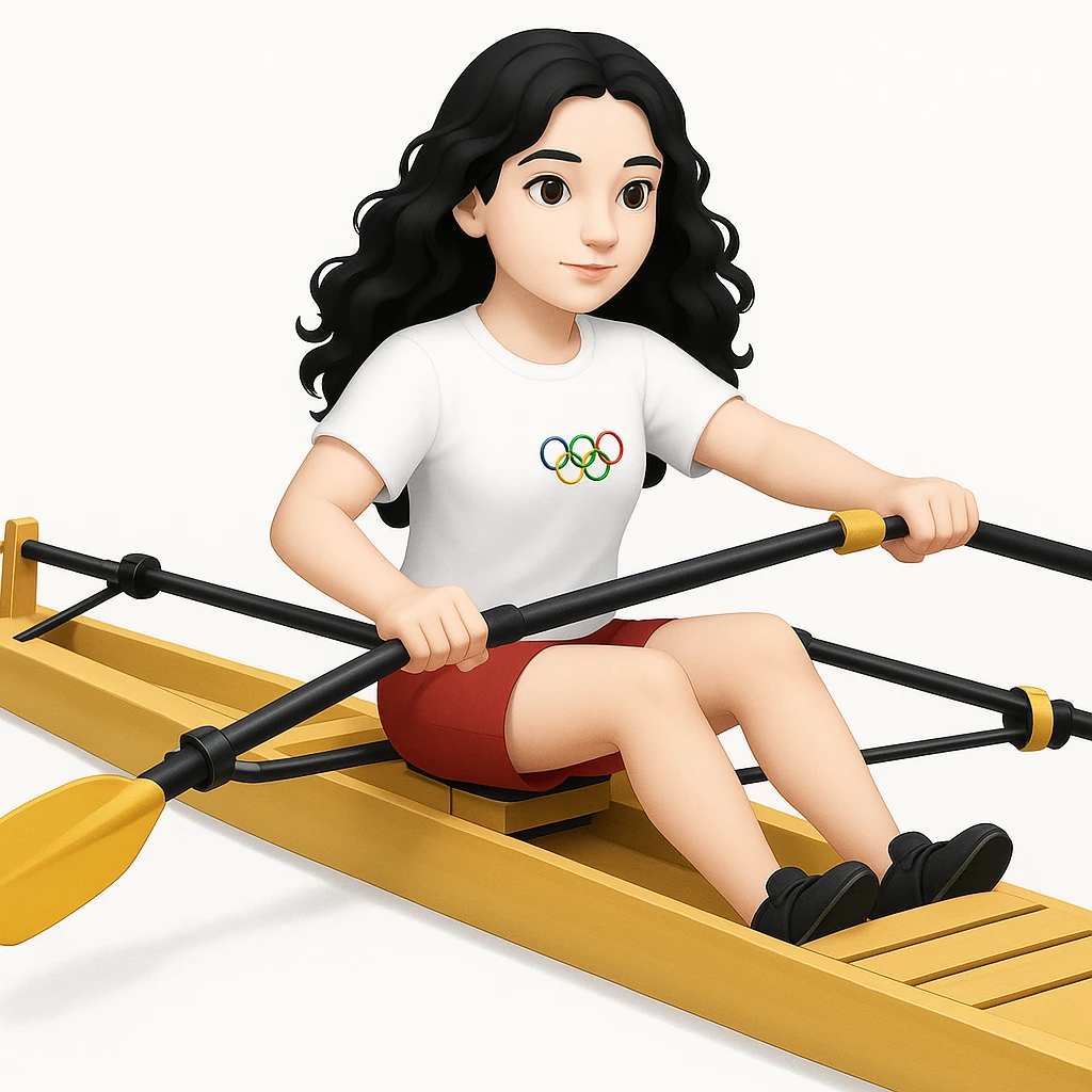 Kızın tenini daha beyaz yap, siyah uzun dalgalı saçlı, kırmızı şort ve beyaz kısa kollu tişörtle olimpik kürek sporu yapıyor emoji