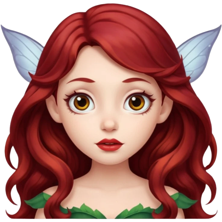 long and wavy dark red haired girl, with thick lips, big eyes and she looks like a fairy emoji