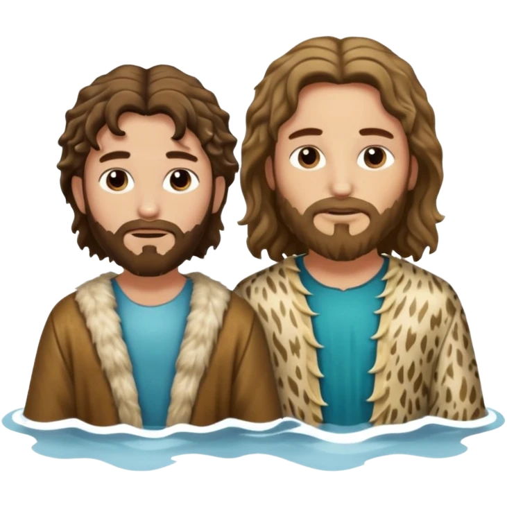 John the Baptist (wavy hair, animal skin clothes) and Jesus (same age) together in water, both wearing clothes emoji