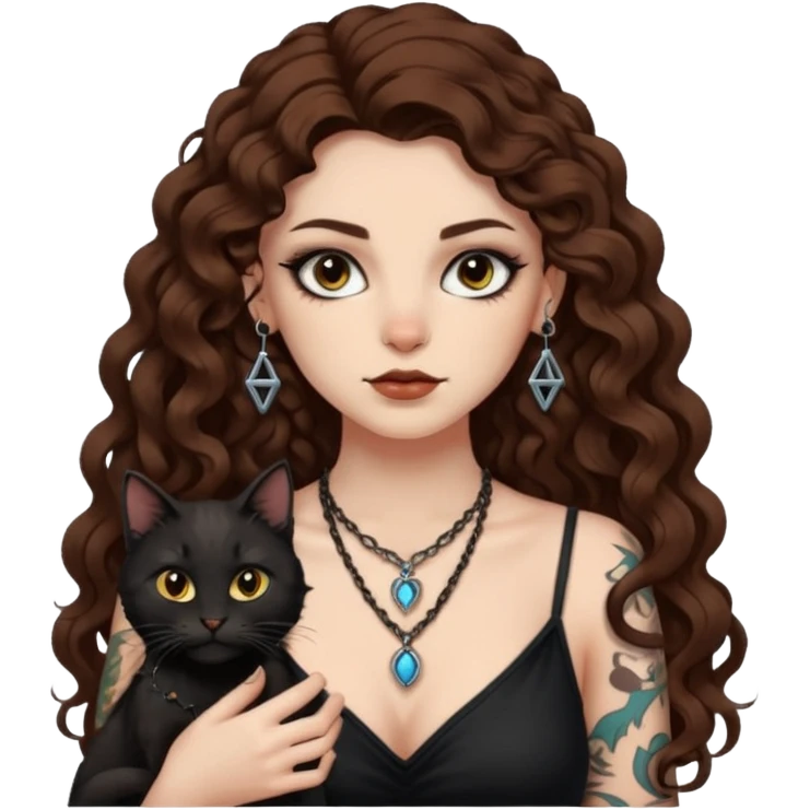 woman with long curly brown hair, brown eyes, white skin, tattoos, black cat wearing tiny rune necklace judging everyone emoji