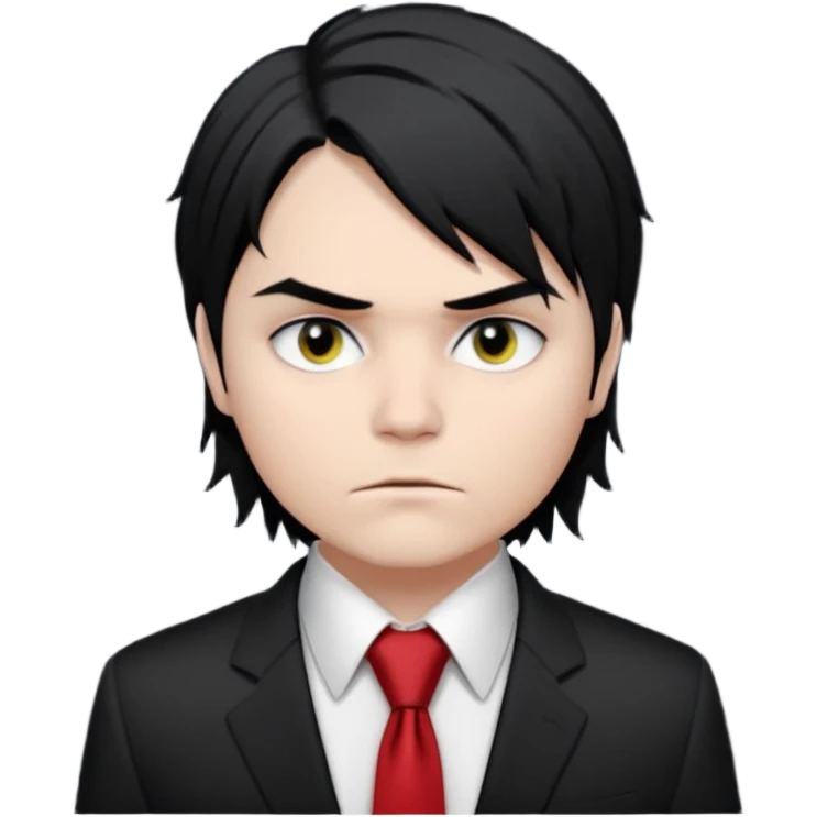 Gerard Way (Revenge Era)
Round, simplified emoji style
Pale skin tone
Jet-black, shoulder-length hair messy and emo
Heavy eyeliner and slight red shadow under the eyes
Subtle serious
Hint of red tie visible on black button up shirt.
Transparent background. Black eyeliner. Messy emo hair emoji