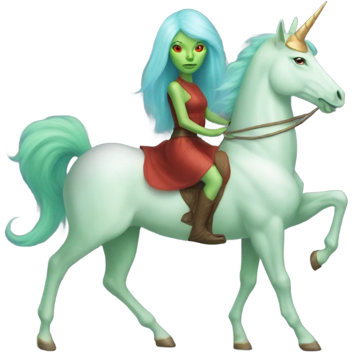 [politically incorrect
	{ woman: alien, color: light green, hair:red, eyes:cat} ]
	on a 
	[{ unicorn: white, legged:four, mane: light blue }] emoji