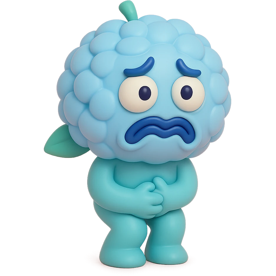 sky blue hydrangea flower with a twisted face and bulging eyes, holding its belly in a desperate toilet run, soft pastel shades, vinyl figure style emoji