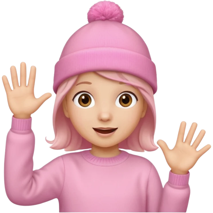 Kid in pink hat and jumper waving emoji