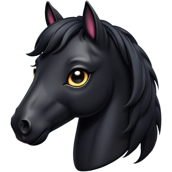 Cinematic Cute Black Horse Portrait Emoji, Head tilted playfully and inquisitively, showcasing a glossy black fur with a striking sheen and expressive dark eyes filled with curiosity, Simplified yet irresistibly adorable features, highly detailed, glowing with a warm, friendly glow, high shine, affectionate and spirited, stylized with a touch of whimsy, bright and endearing, soft glowing outline, capturing the essence of a mischievous yet loving horse, so playful it feels like it could trot out of the screen and into your arms! emoji