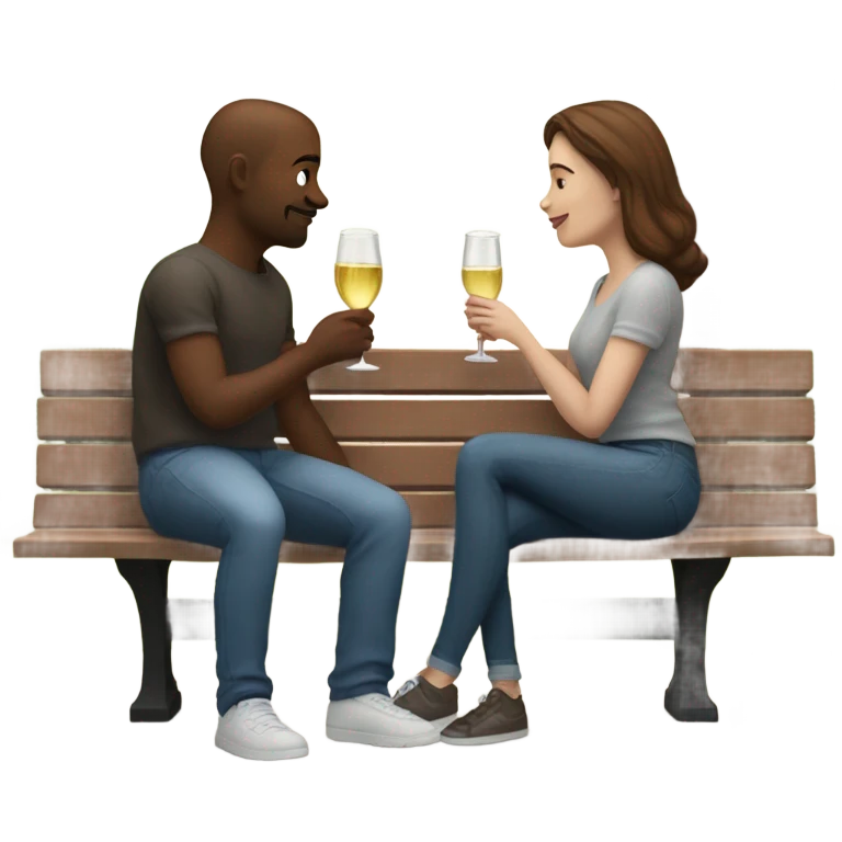 couple with white skin people and brown hair, sitting closely on a park bench, enjoying a romantic moment. One person is holding a croissant, and the other is holding a glass of Prosecco.  emoji