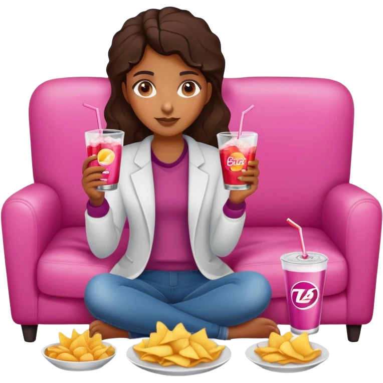 home brown girl with plate of chips and one soda drink, sitting at the pink sofa emoji
