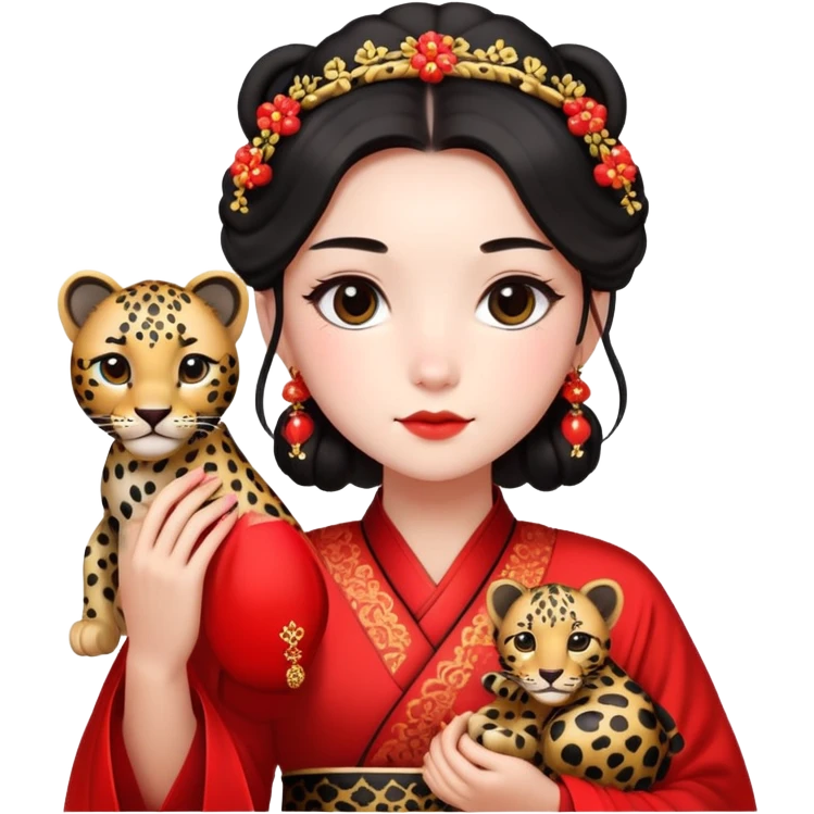 A beautiful girl in red Hanfu wedding dress is holding a black leopard emoji