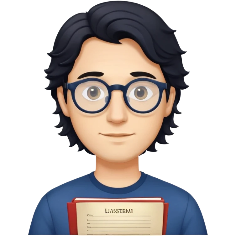 Young caucasian man with slightly longer wavy black hair, round glasses, dark blue shirt, holding a theater program emoji
