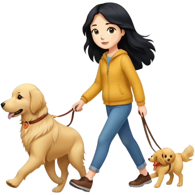 Long black hair - girl walking with a golden retriever emoji