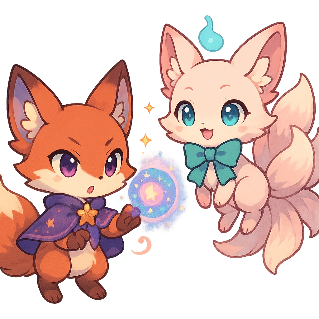 chibi anime style fox duo, both magical, one casting a spell, the other floating, cute, colorful, detailed emoji
