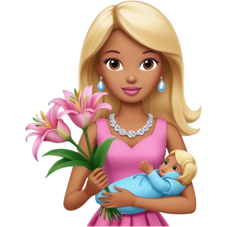 Brown skin blonde hair barbie with baby pink lily bouquet  emoji