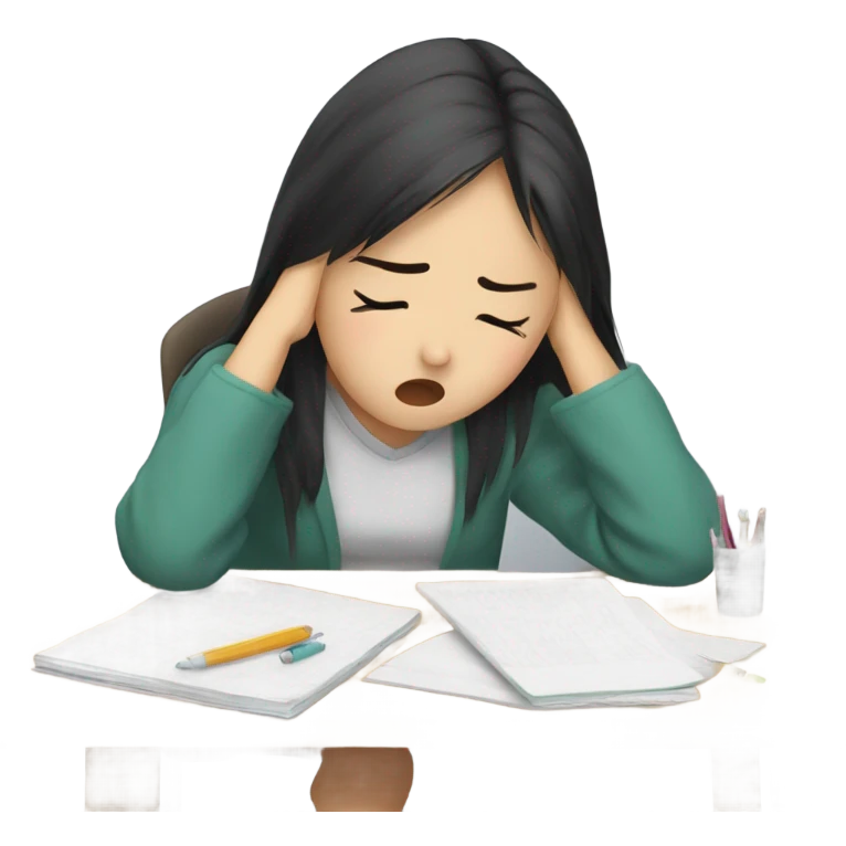 tired asian girl student struggling with final exam and assignments emoji