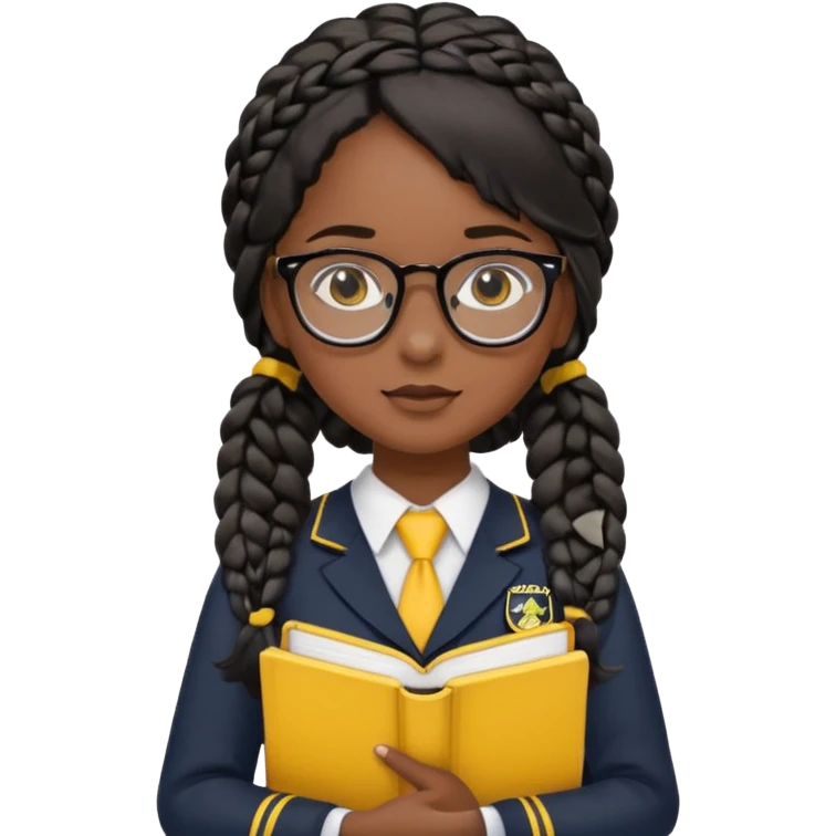 Girl student wearing uniform, glasses, hold yellow book in front of their chest, black braided hair, dark skin emoji