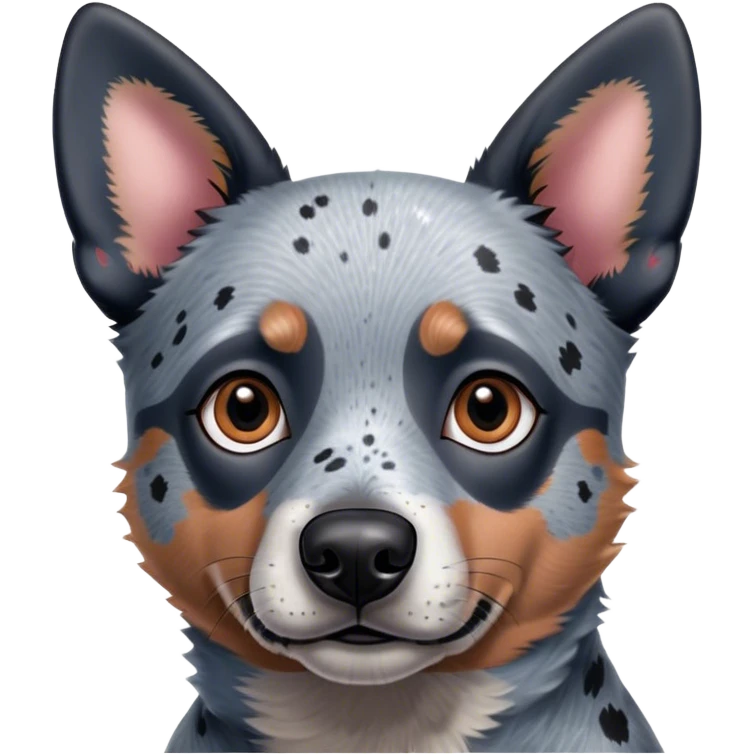 A cute, slightly 3D emoji-style digital illustration of a Blue Heeler (Australian Cattle Dog) from the neck up, with a focus on its face and upper neck. The dog has a black and gray speckled coat with short, dense fur. It has large, pointed ears that stand upright, with the inner part of the ears being a soft pinkish hue. The face is expressive, with warm brown eyes—one eye slightly lazy—giving it a friendly and curious look. The dog’s snout is medium-sized, with a black nose and subtle whisker markings. The expression is neutral but slightly inquisitive. The fur texture should be smooth and well-blended to maintain a polished emoji-style appearance. The illustration should have smooth shading, a rounded, polished look, and a slightly three-dimensional feel. No black spots on the fur. No background. emoji