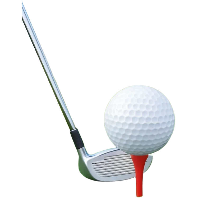 A golf ball on a tee, with a golf club placed beside it on the lush green fairway. The background shows a serene golf course with neatly trimmed grass and a clear blue sky, emphasizing the elegance and precision of the game. emoji