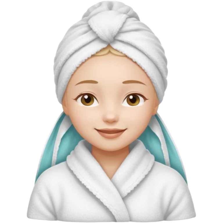 cute girl with her eyes closed and smiling, wearing a white spa towel as her clothes in she has a white spa towel on her head, white face skincare emoji