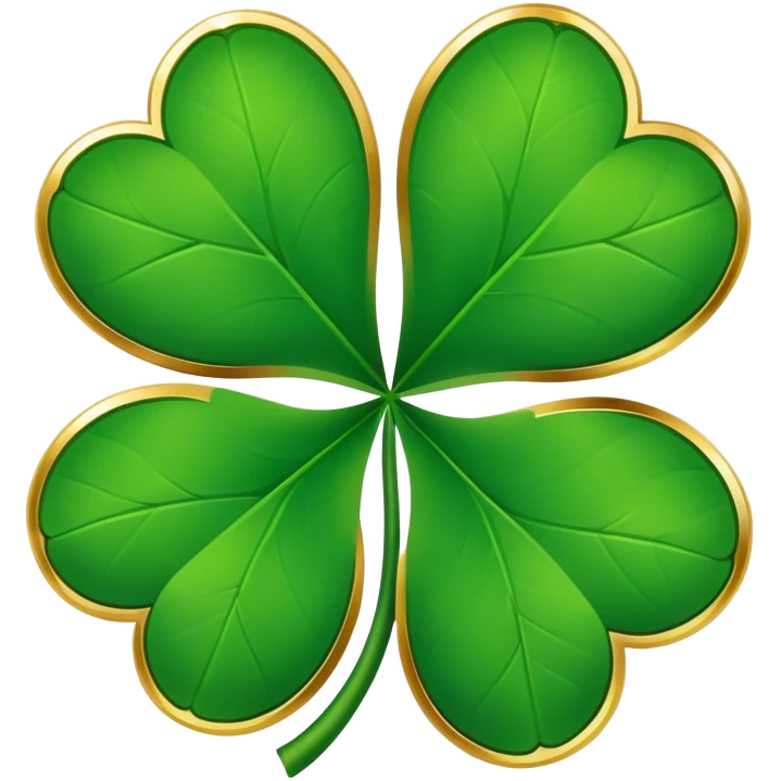 Four-leaf clover emoji  with vibrant green leaves and gold edges. Below, in gold lettering, a pure white background. emoji