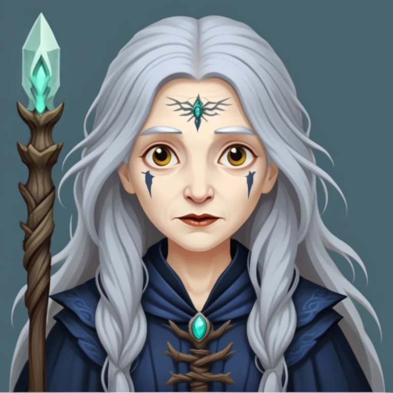 Baba Yaga sorceress woman with long wild hair, forest background emoji
