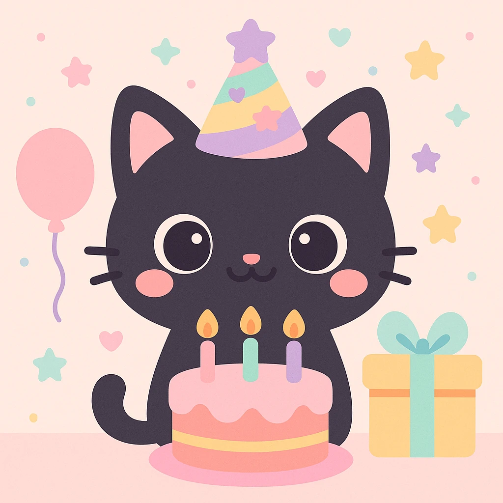 a black cat having a birthday party, kawaii style emoji