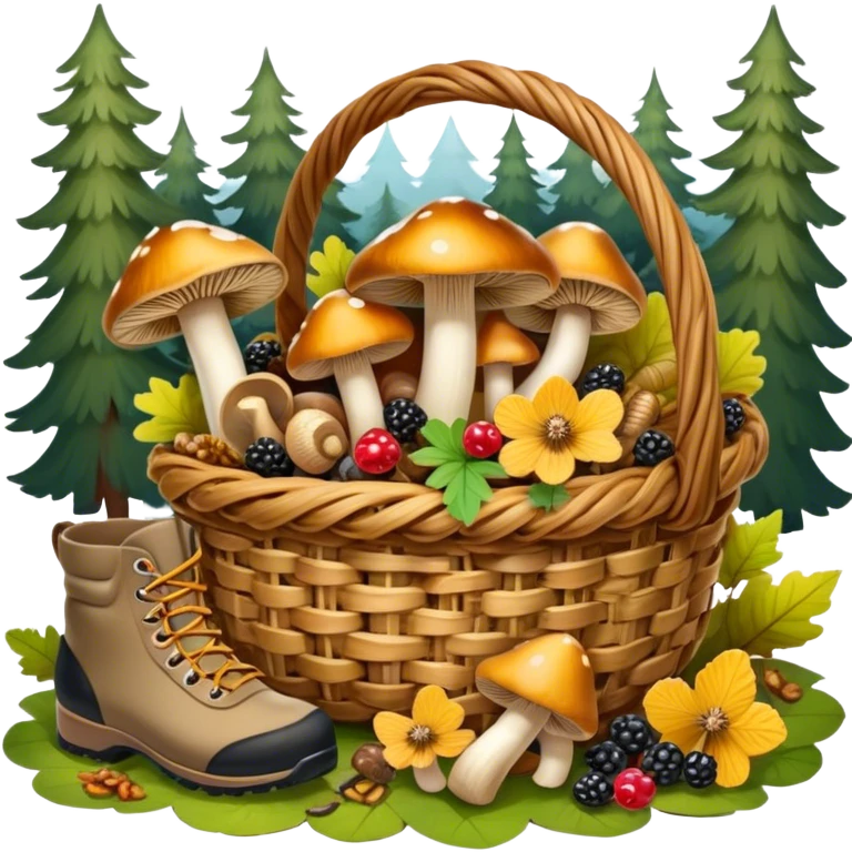 Icon for Mushroom and Berry Tourism: a basket filled with mushrooms chanterelles, boletus and aspen and berries, surrounded by forest elements like trees, leaves and a hiking boots. The icon should capture the joy of foraging in nature. Transparent background. emoji