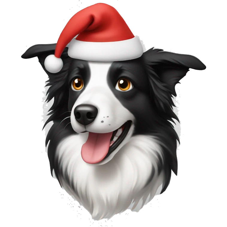 A border collie wearing a Christmas hat emoji
