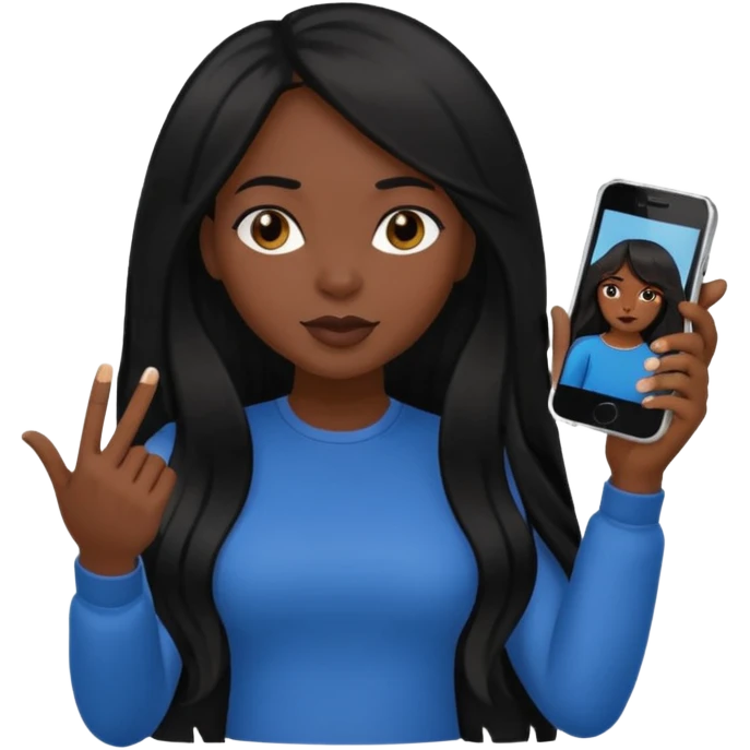 influencer girl black long haired, phone in hand, recording herself, confident, trendy, emoji