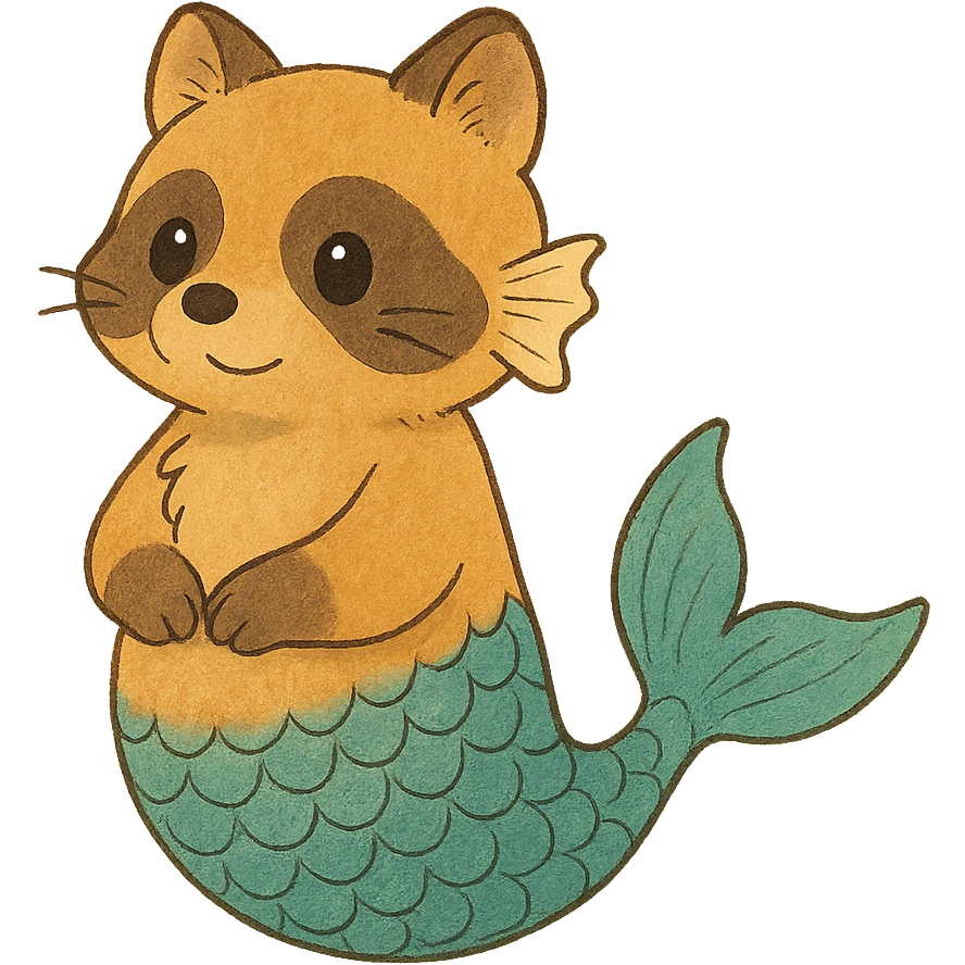 ghibli style cute raccoon with gills and a fish tail emoji