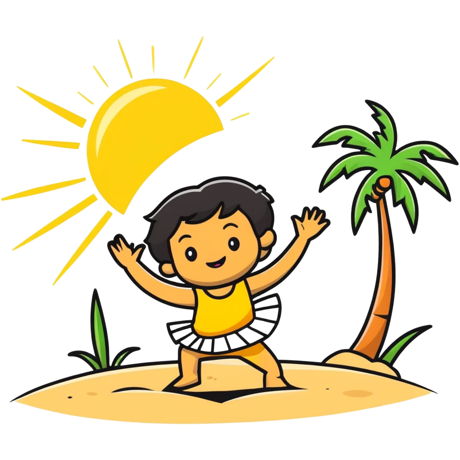 Happy cartoon character dancing on beach with sun rays highlighting them, tripa tropa party mood, sand and palm trees emoji
