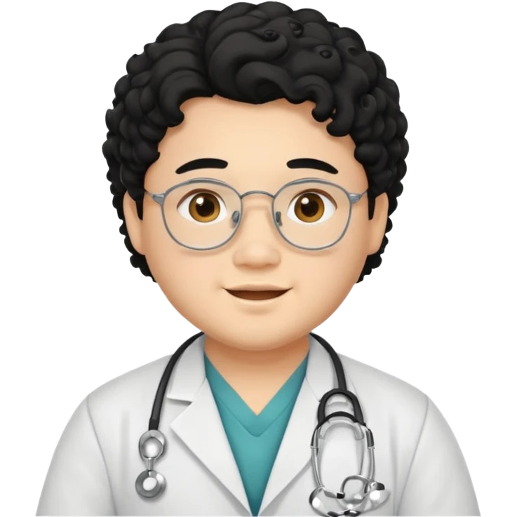 a young asian chubby male doctor with black long curly hair and cheerful face without gpasses emoji