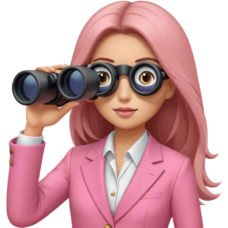 futuristic-looking woman with long hair in an intensive color pink suit looking through binocular, viewed from an angled perspective. Binoculars must be two-eyed emoji