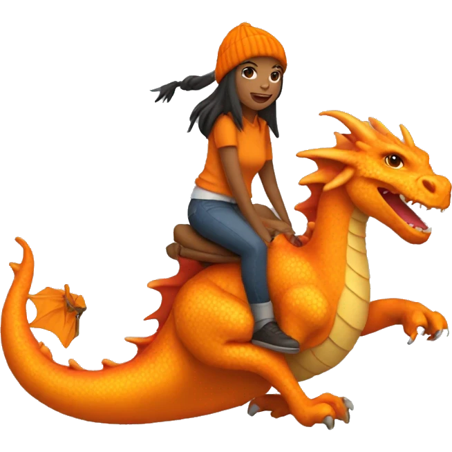Girl with orange beanie riding an orange dragon emoji