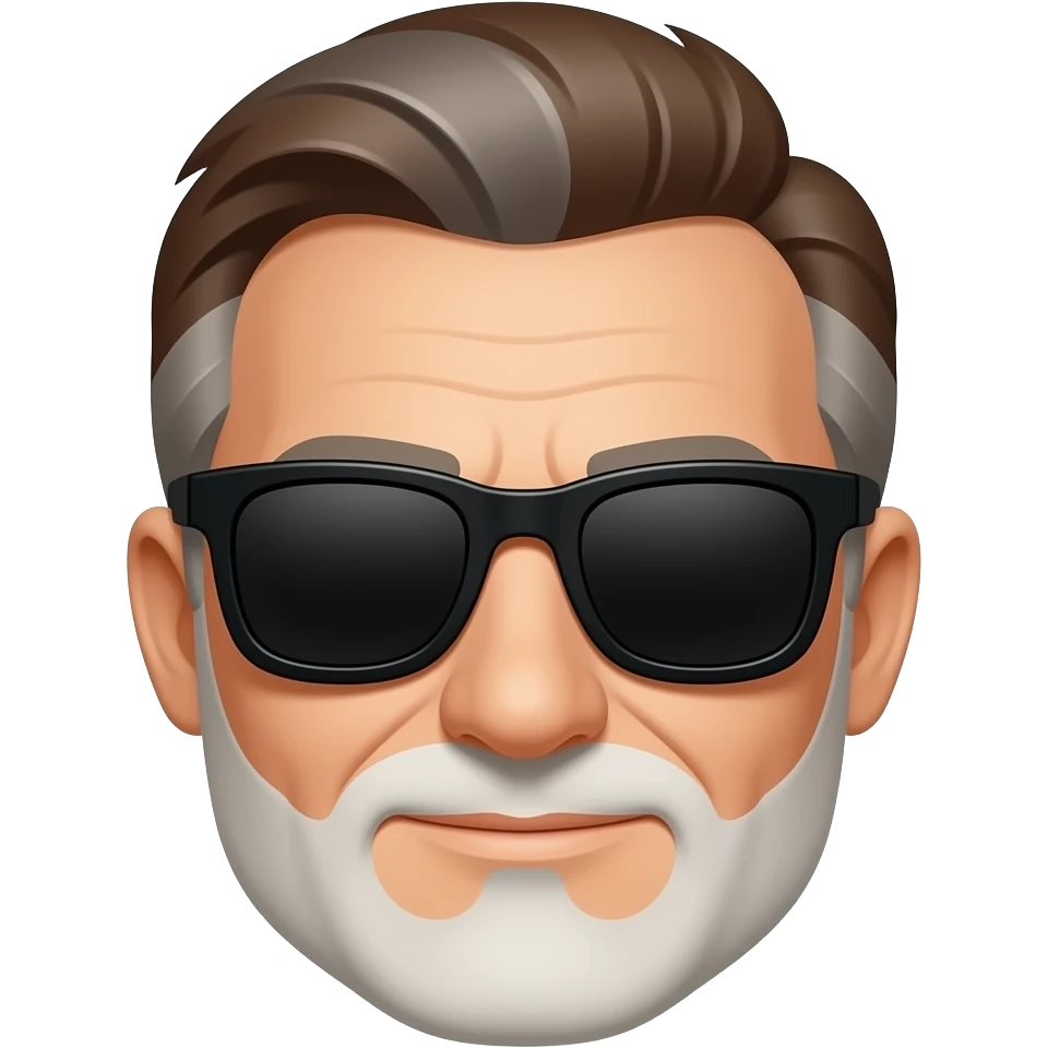 Hombre 60 años pelo marrón con canas gafas de sol azules que no se vean  los ojos con montura negra y barba blanca muy corta emoji